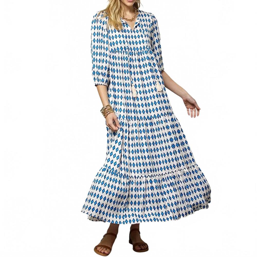 NEW CEZELE print three quarter puff sleeve maxi dress in blue